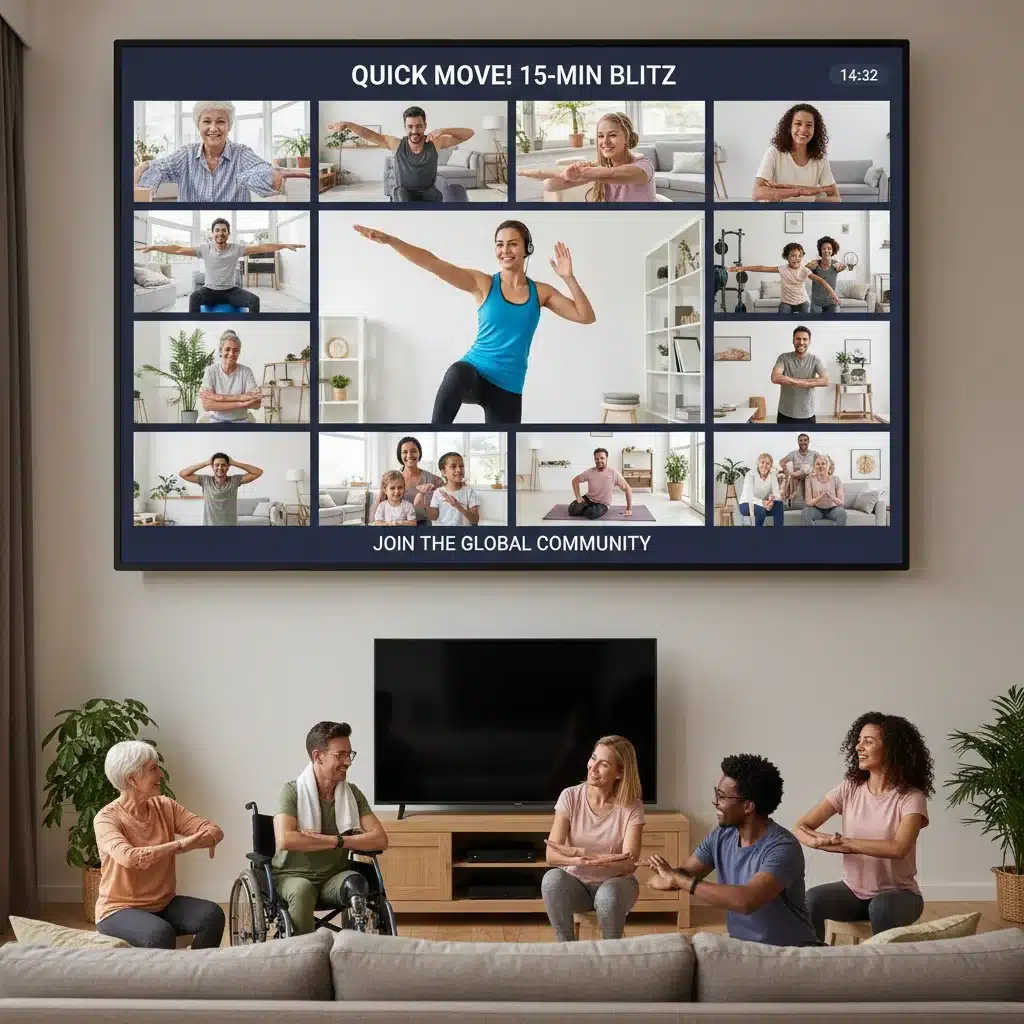 Grupo de personas haciendo ejercicio en casa a través de una pantalla, representando la flexibilidad del ejercicio diario.