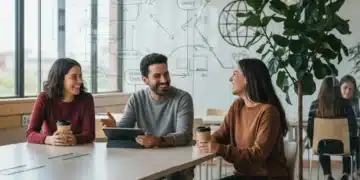 Cuatro emprendedores sociales españoles colaborando en un espacio de trabajo moderno en 2026, simbolizando innovación y propósito.