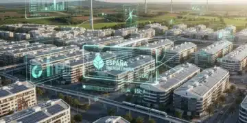 Paisaje urbano español futurista con energía solar y eólica, mostrando la integración de tecnología verde y digitalización.