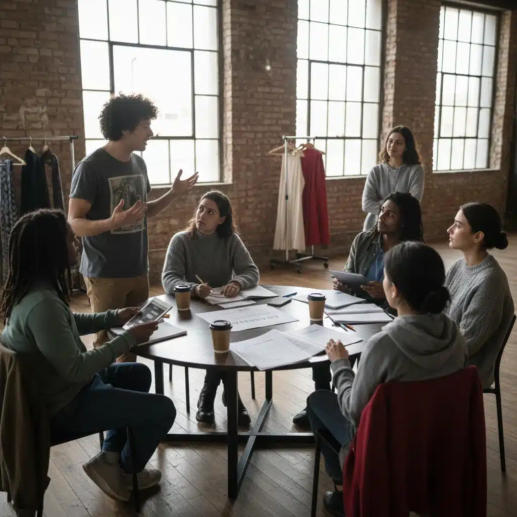 Actores jóvenes ensayando una adaptación moderna de una obra del Teatro Clásico Español, discutiendo el guion con pasión.