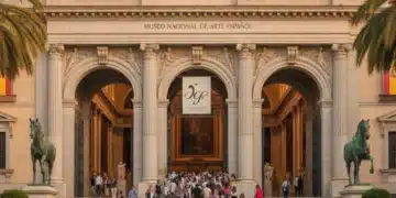 Entrada principal de un museo nacional español, con visitantes emocionados, arte y cultura esperando