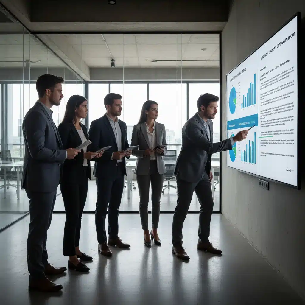 Equipo empresarial analizando la normativa de protección de datos y evaluando riesgos de cumplimiento.
