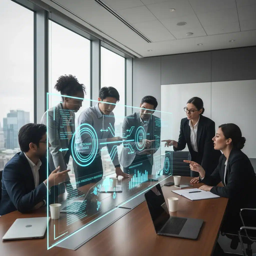 Equipo multidisciplinar colaborando en la estrategia de implementación de Blockchain para la cadena de suministro, analizando métricas en un panel digital.