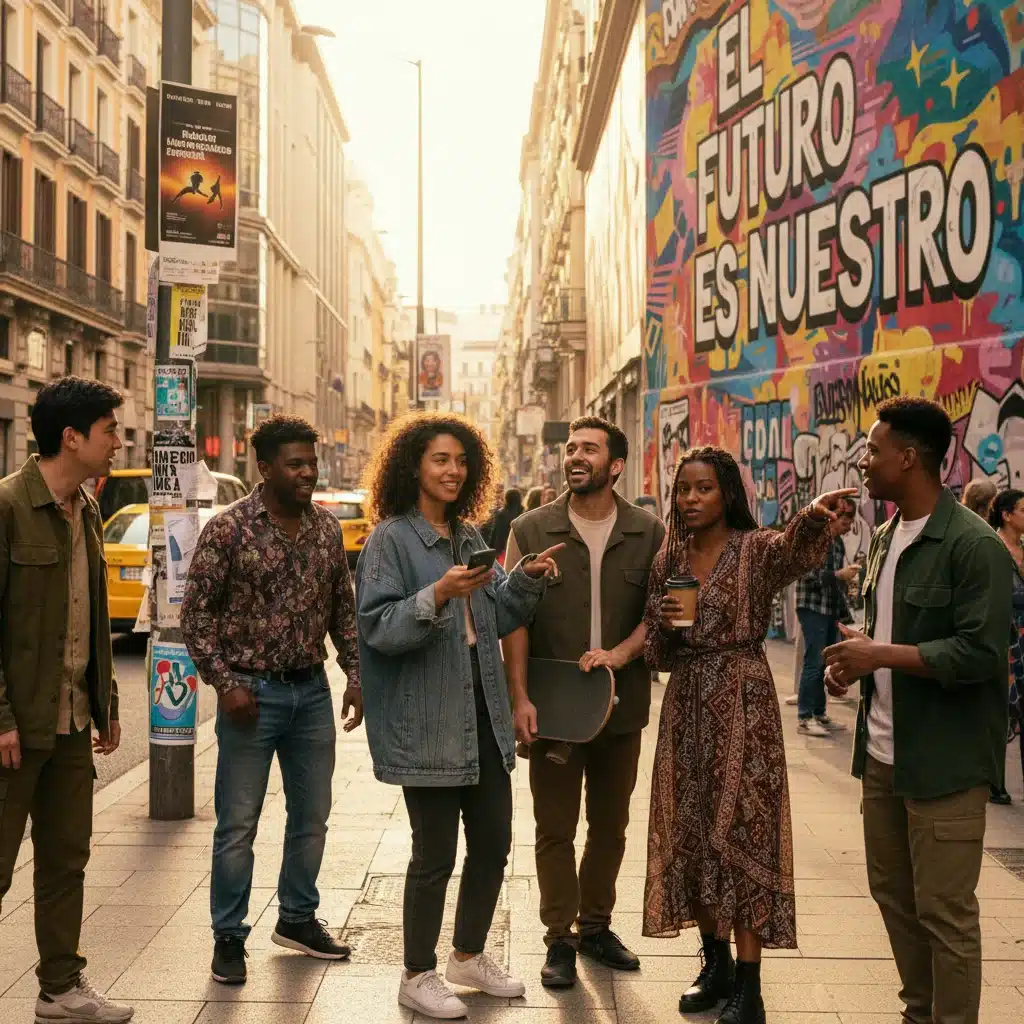 Jóvenes actores en una escena de película española moderna, en un entorno urbano y dinámico.