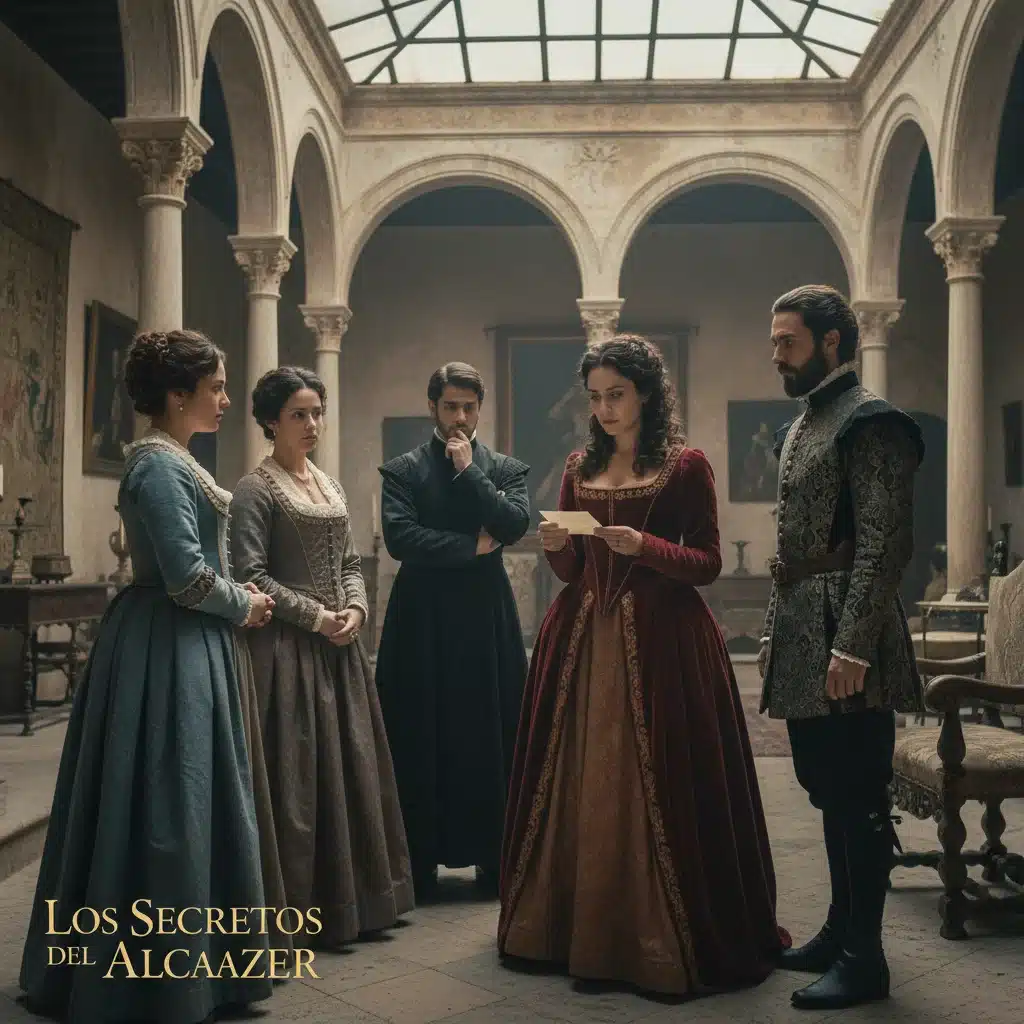 Escena dramática de una película española ambientada en un pueblo histórico, con actores en trajes de época.