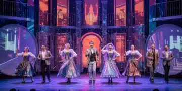 Escenario moderno de zarzuela con actores, luces dinámicas y público diverso.