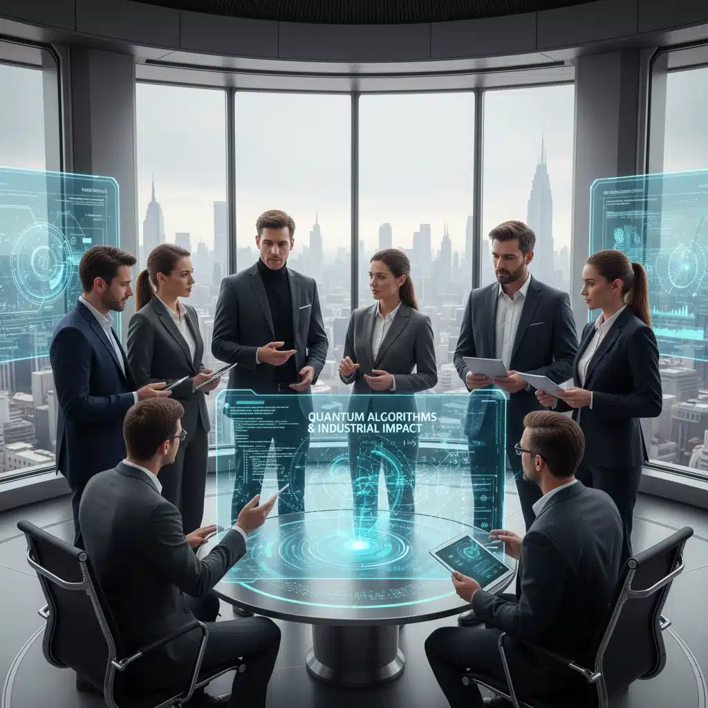 Profesionales discutiendo proyecciones de algoritmos cuánticos y su impacto empresarial.