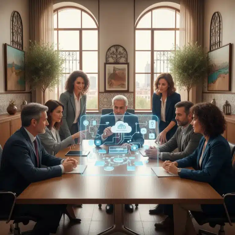 Profesionales españoles debatiendo estrategia de transición digital en la nube