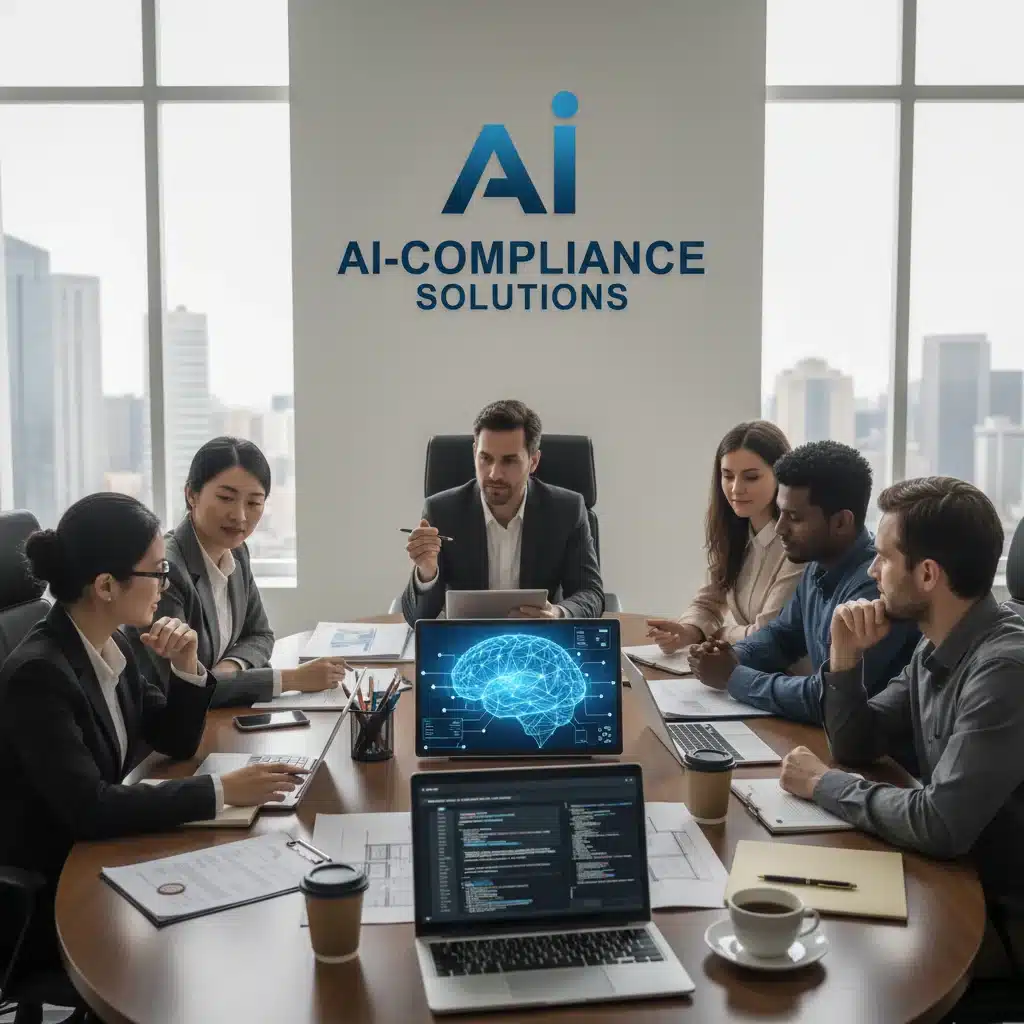 Profesionales colaborando en estrategias de cumplimiento de la Ley de IA, con documentos y tecnología.