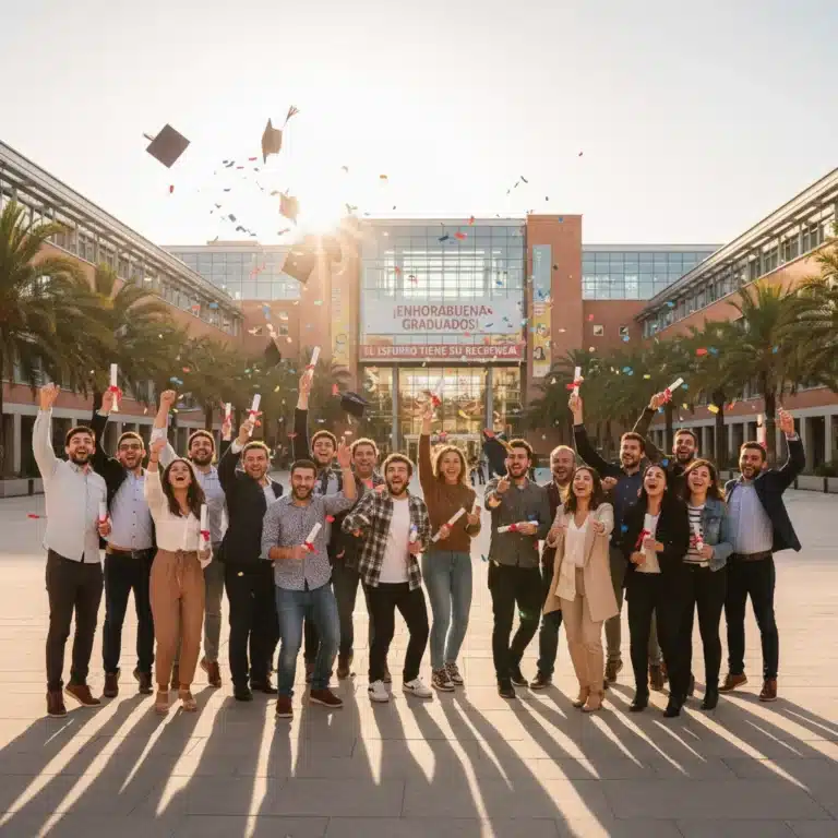 Estudiantes españoles celebrando su graduación, simbolizando la superación académica y el éxito educativo.