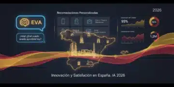 Diseño digital futurista con elementos de IA y personalización para la experiencia del cliente en España.