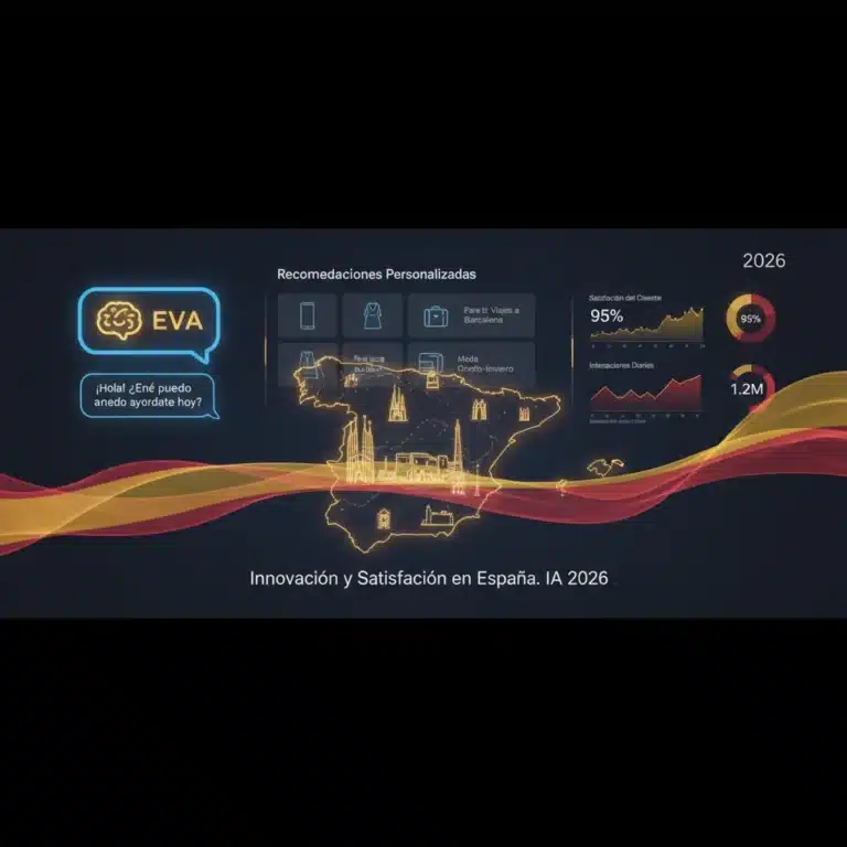 Diseño digital futurista con elementos de IA y personalización para la experiencia del cliente en España.