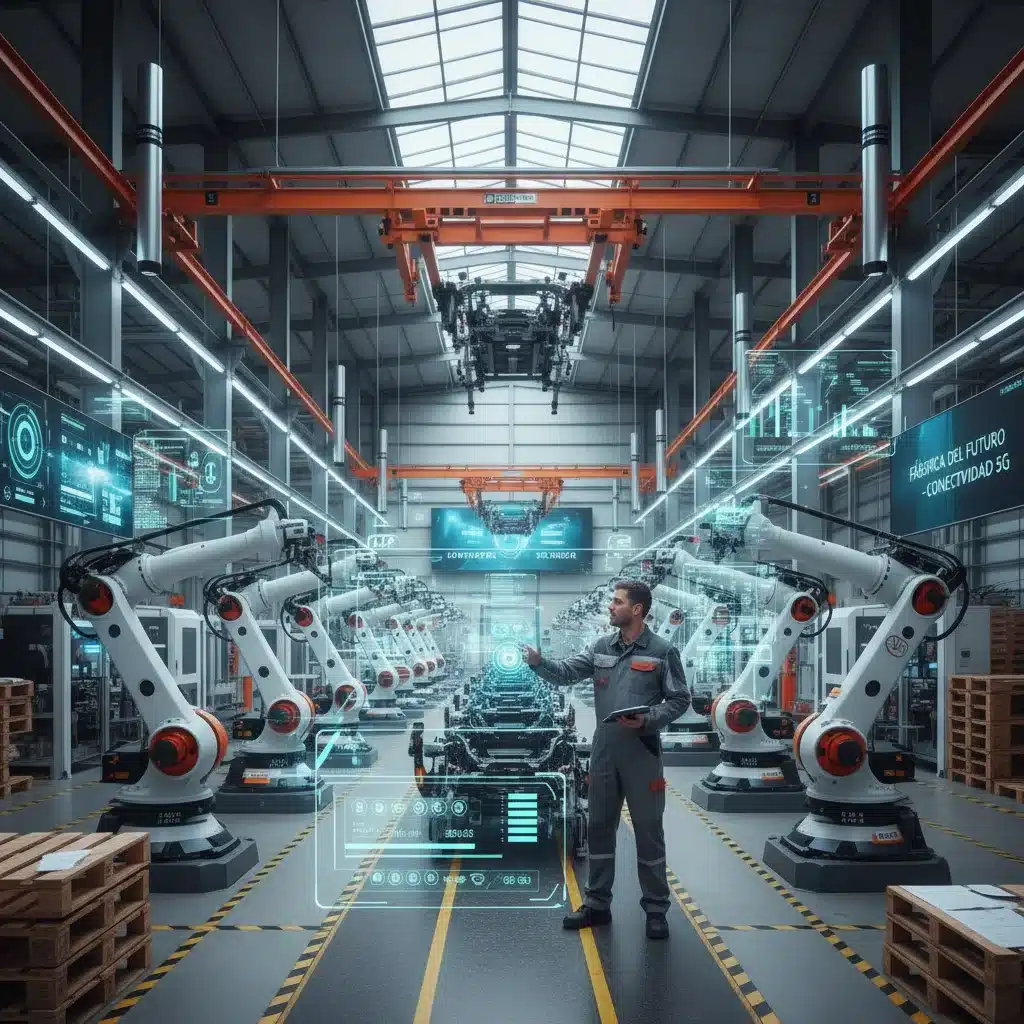 Planta de fabricación española con robots automatizados y maquinaria conectada por 5G, supervisada por un técnico.