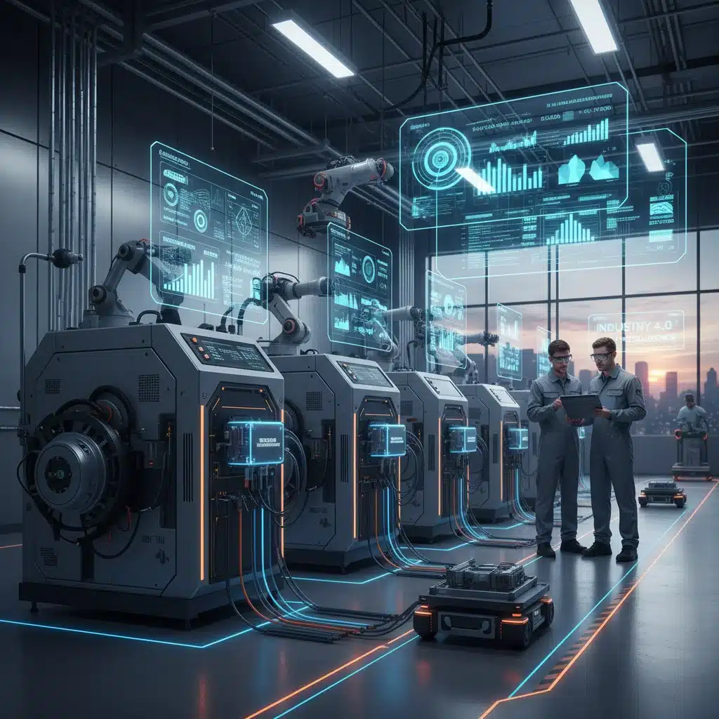 Fábrica inteligente con sensores IoT procesando datos en tiempo real en el entorno Edge Computing.