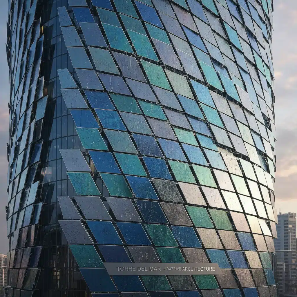 Detalle de fachada innovadora de la Torre del Mar, con materiales inteligentes y diseño dinámico.