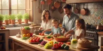 Alimentación Saludable Hogar Español: Ahorra 15% Semanalmente Familia española preparando una comida saludable en su cocina, con verduras frescas y frutas.