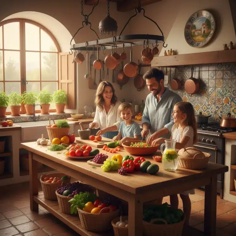 Familia española preparando una comida saludable en su cocina, con verduras frescas y frutas.