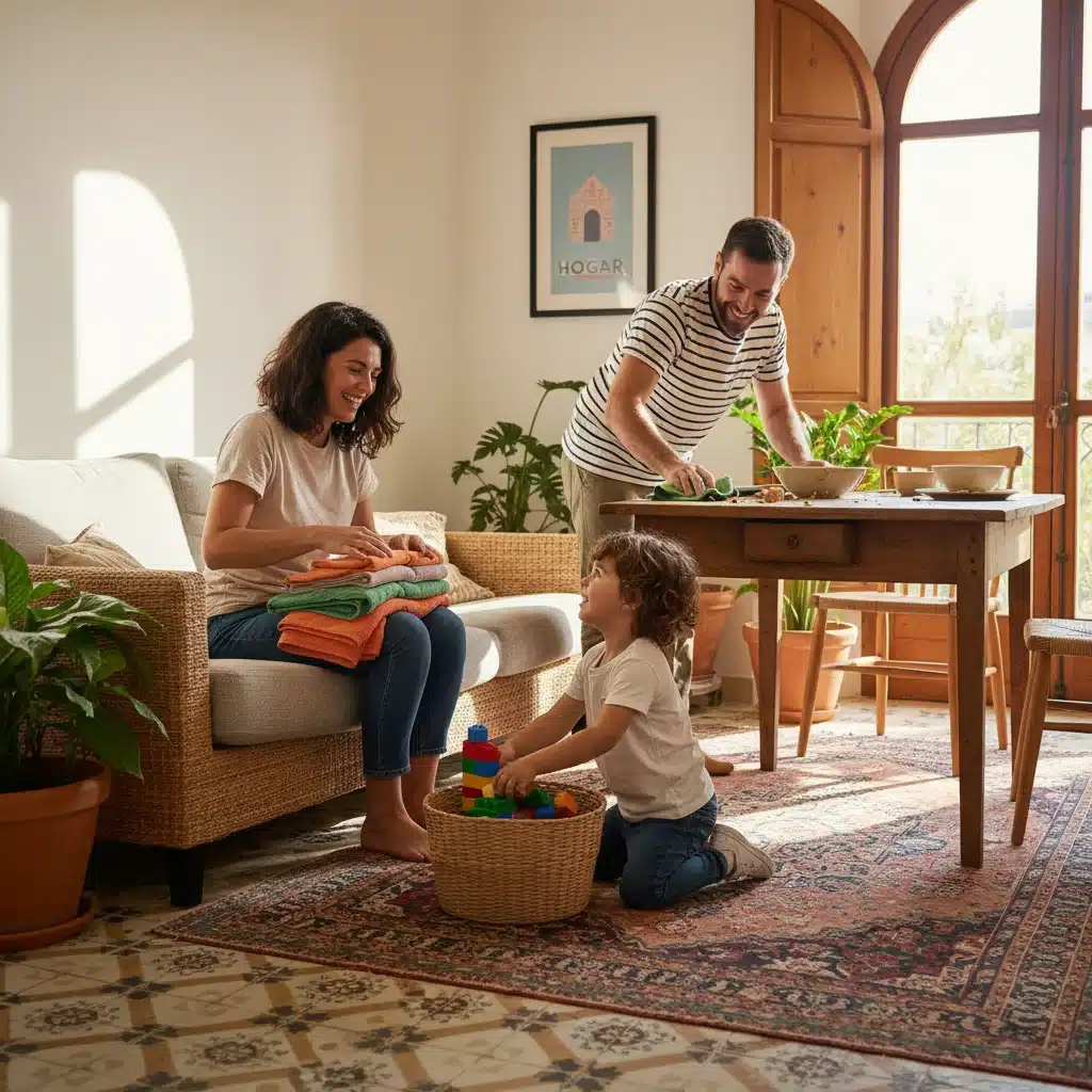 Familia colaborando felizmente en las tareas del hogar.