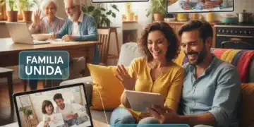 Familia española conectando digitalmente mediante videollamadas y actividades en línea, mostrando unión y alegría.