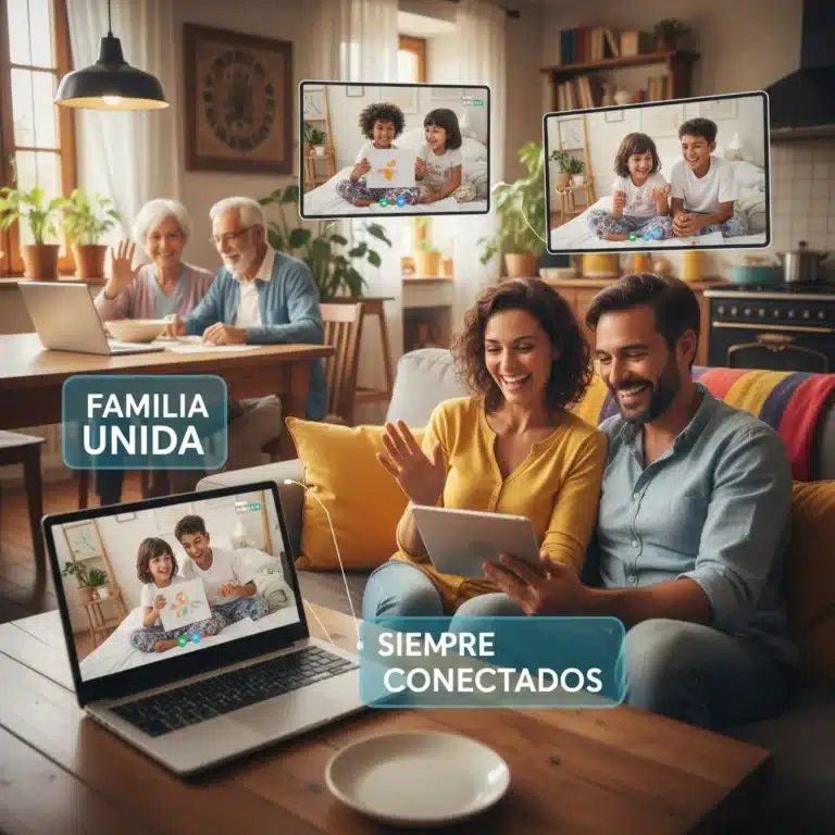 Familia española conectando digitalmente mediante videollamadas y actividades en línea, mostrando unión y alegría.