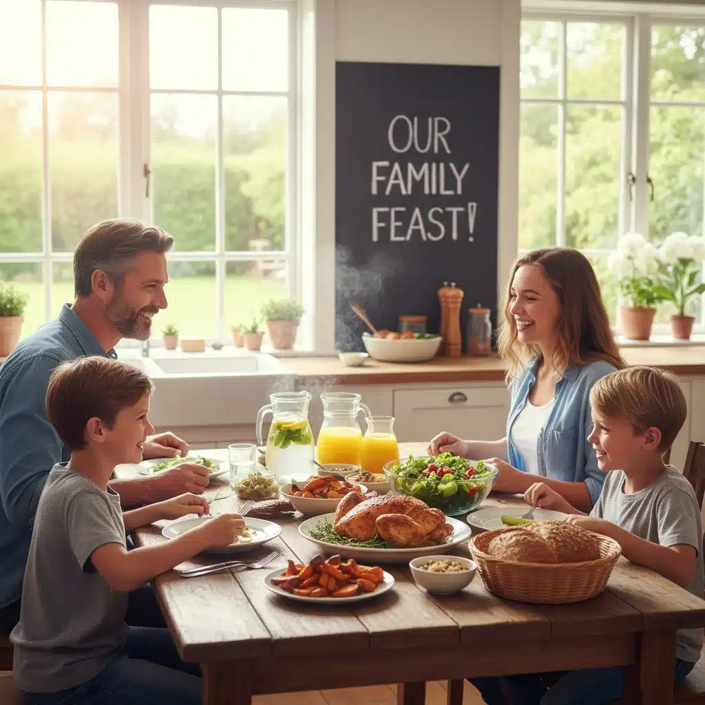 Familia feliz compartiendo una comida saludable en la mesa, disfrutando de los beneficios de la preparación anticipada.