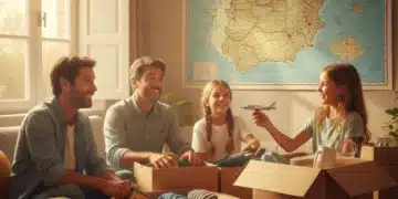 Familia empacando cajas para mudarse, con un mapa de España de fondo