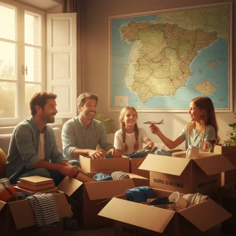 Familia empacando cajas para mudarse, con un mapa de España de fondo