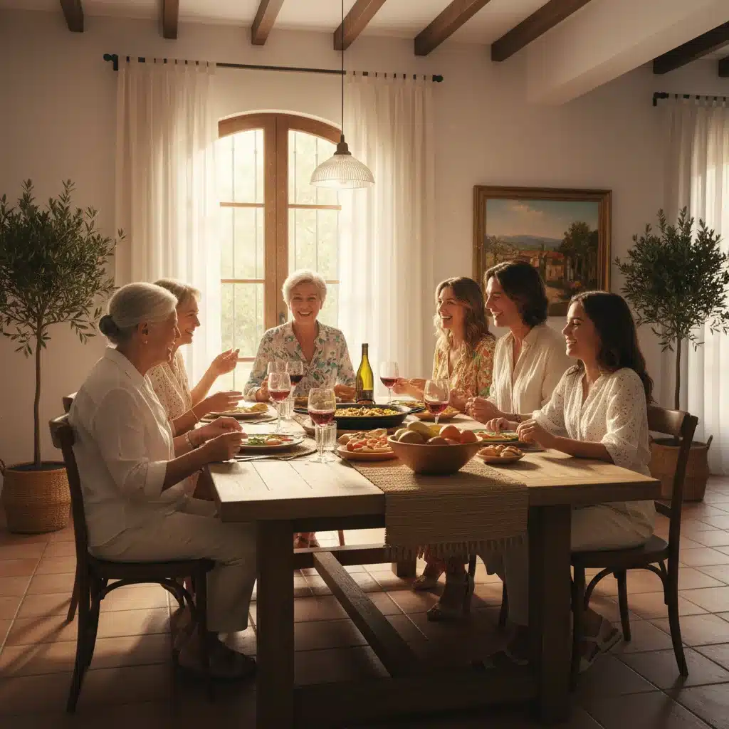 Familia multigeneracional compartiendo una comida en un hogar moderno español.