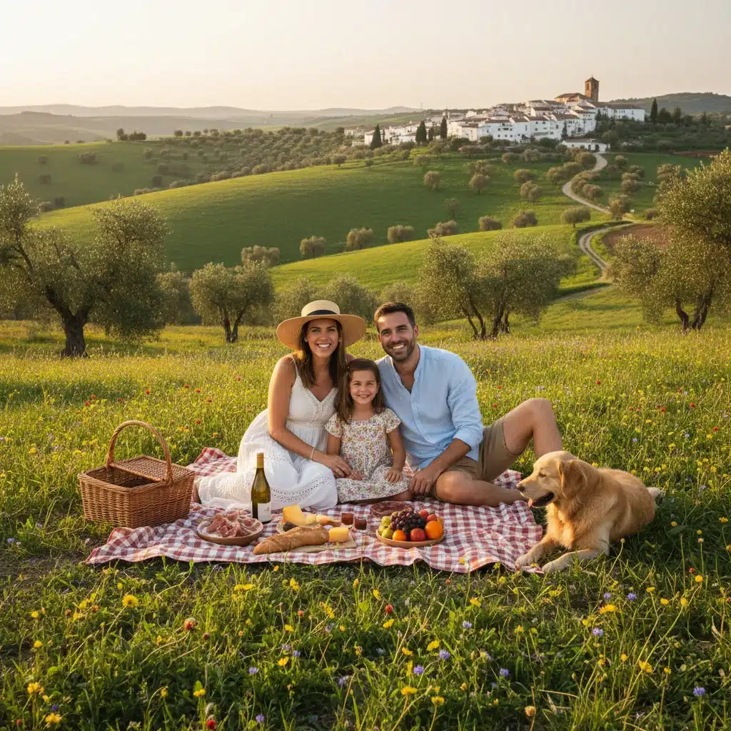 Familia joven disfrutando de un picnic en un paisaje rural español