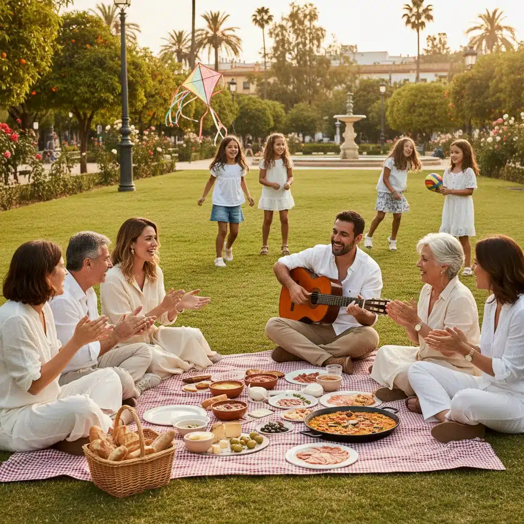 Familia disfrutando de un picnic al aire libre en España, fomentando la interacción real sin dispositivos digitales.