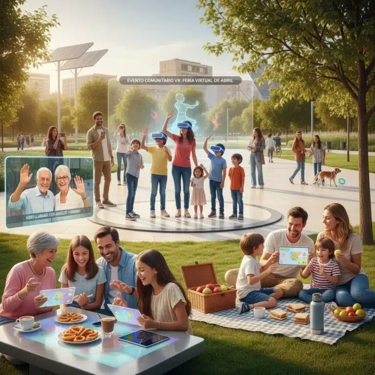 Familias españolas superando el aislamiento digital en 2026, conectadas y felices.