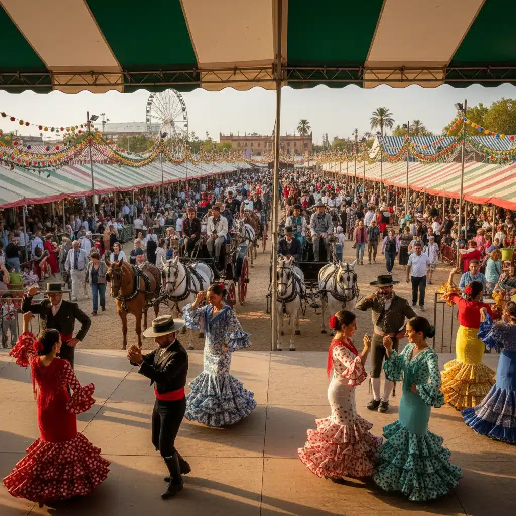 Escena animada de la Feria de Abril en Sevilla, con bailes flamencos y carruajes, reflejando la actividad económica.