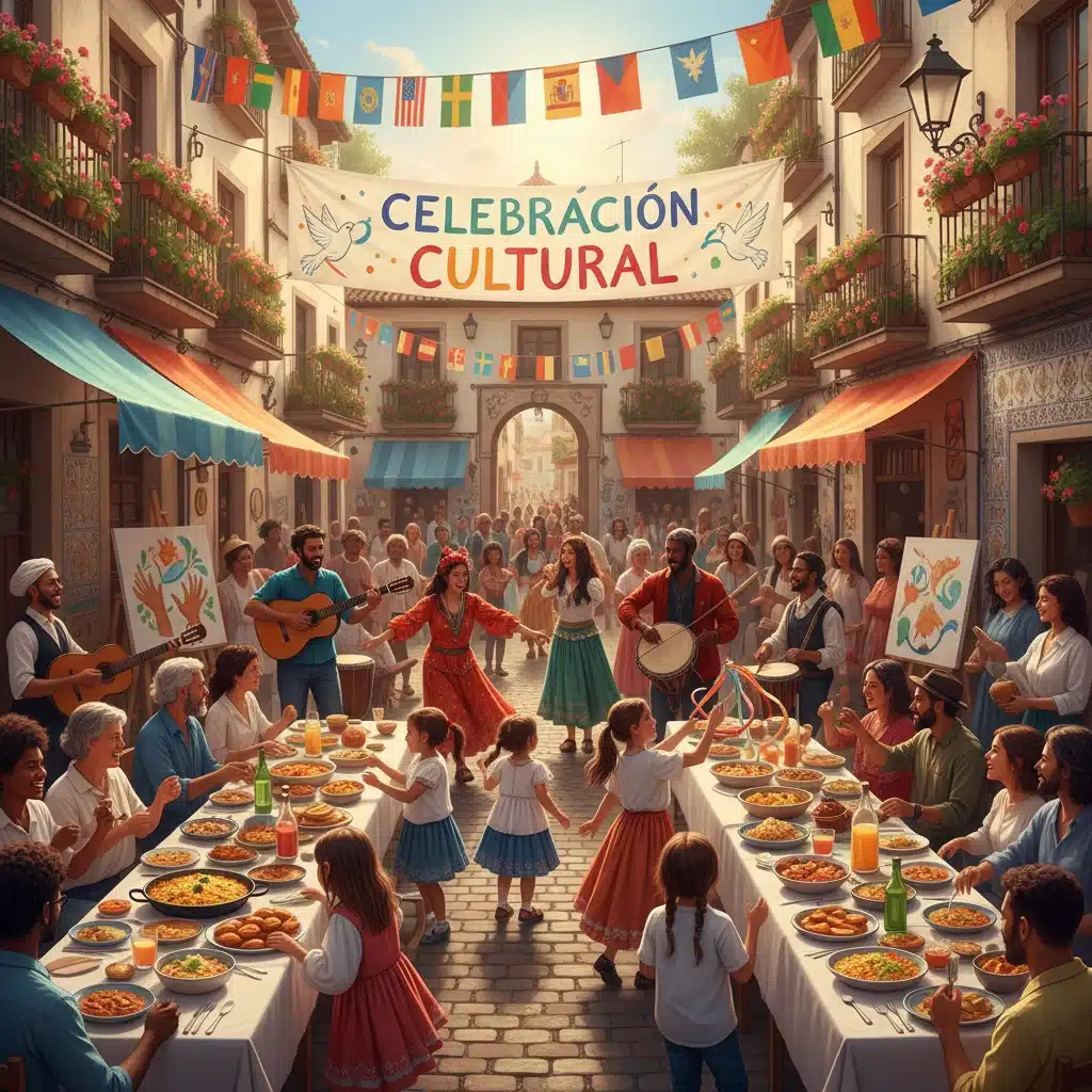 Festival comunitario multicultural celebrando la diversidad en un barrio español.