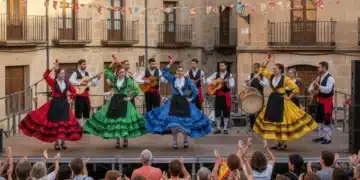 Música Tradicional Española: 7 Festivales Imprescindibles Verano 2026 Bailarines y músicos interpretando música tradicional española en un festival vibrante bajo el sol de verano.