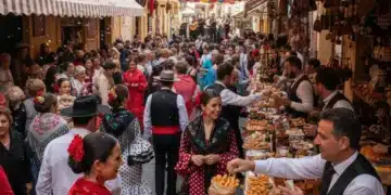 Calles llenas y vibrantes durante un festival tradicional español, mostrando la energía y la actividad económica.