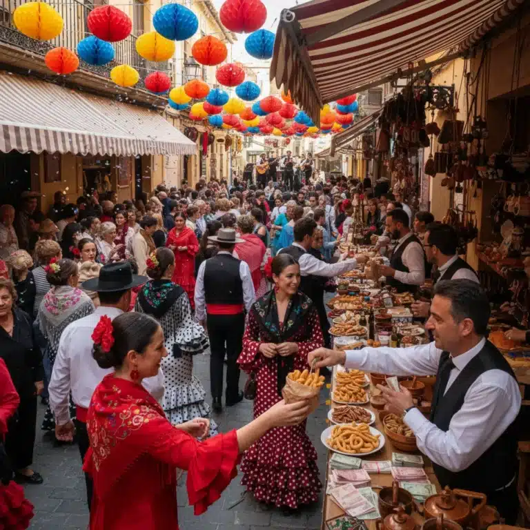 Calles llenas y vibrantes durante un festival tradicional español, mostrando la energía y la actividad económica.