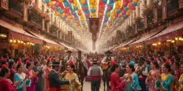 Gente celebrando una fiesta popular española con alegría y color.