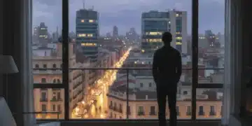Figura solitaria en apartamento urbano español mirando a través de la ventana, simbolizando la soledad en la sociedad moderna.
