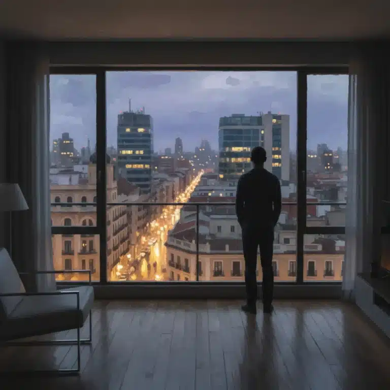 Figura solitaria en apartamento urbano español mirando a través de la ventana, simbolizando la soledad en la sociedad moderna.