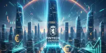 Panorama futurista de la innovación Fintech en España, con elementos digitales y financieros interconectados.