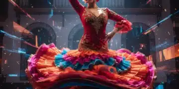 Tendencias Flamenco 2026: Innovación y Tradición en la Cultura Flamenca Bailaora flamenca enérgicamente fusionando tradición y modernidad en un escenario vibrante.