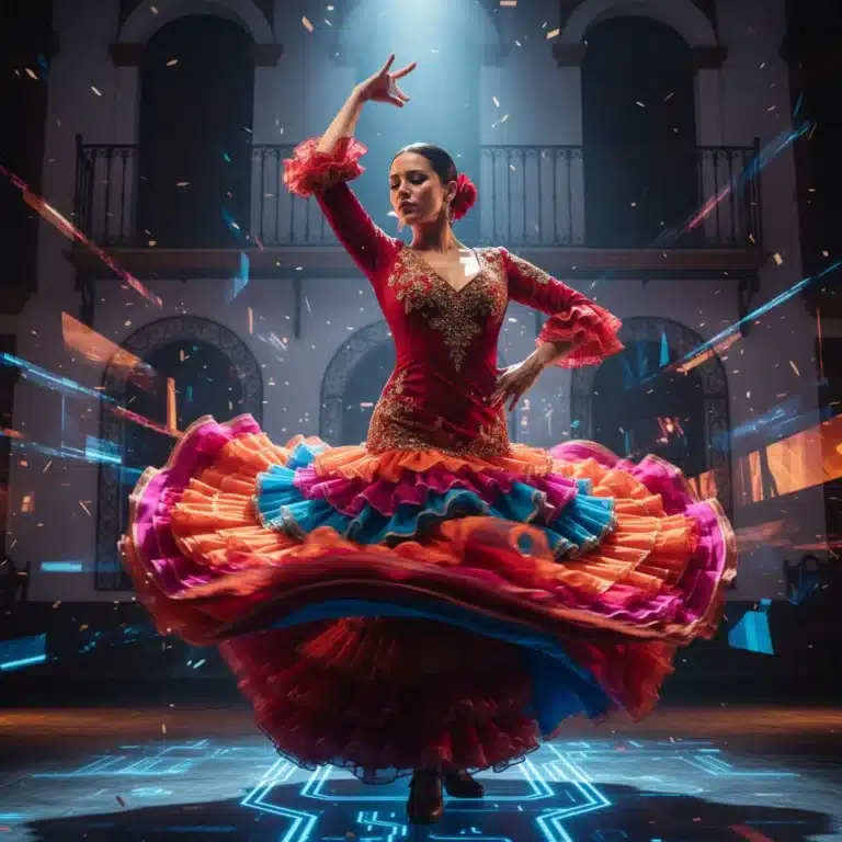 Bailaora flamenca enérgicamente fusionando tradición y modernidad en un escenario vibrante.