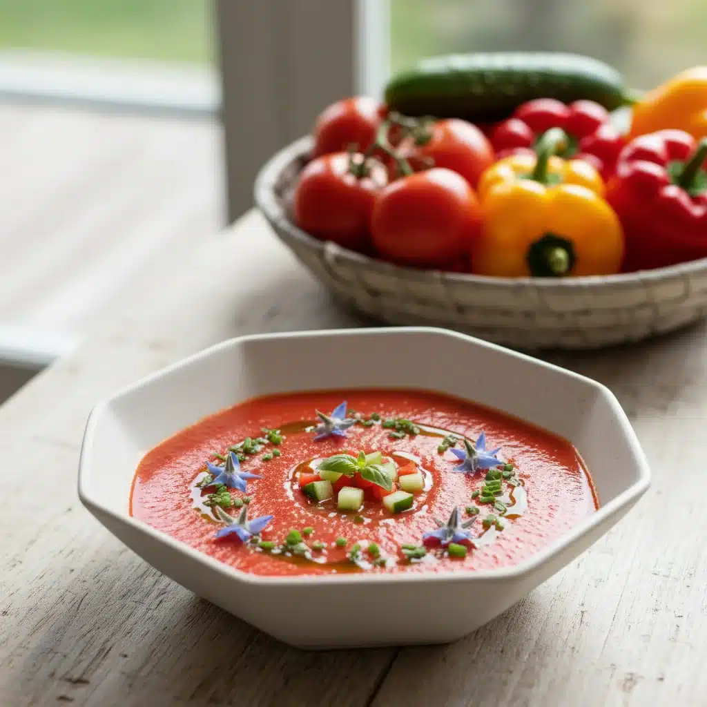 Gazpacho fresco y saludable con guarniciones modernas en un bol elegante