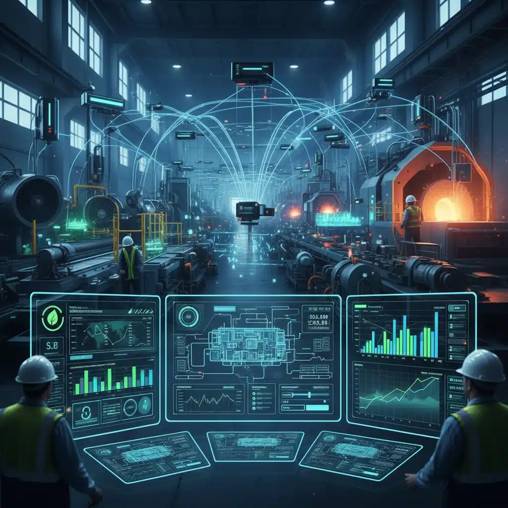 Red de sensores y dispositivos inteligentes monitorizando el consumo energético industrial en tiempo real.