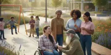 Grupo diverso de personas con enfermedades crónicas apoyándose mutuamente, sonriendo y mostrando resiliencia en un entorno moderno y esperanzador.