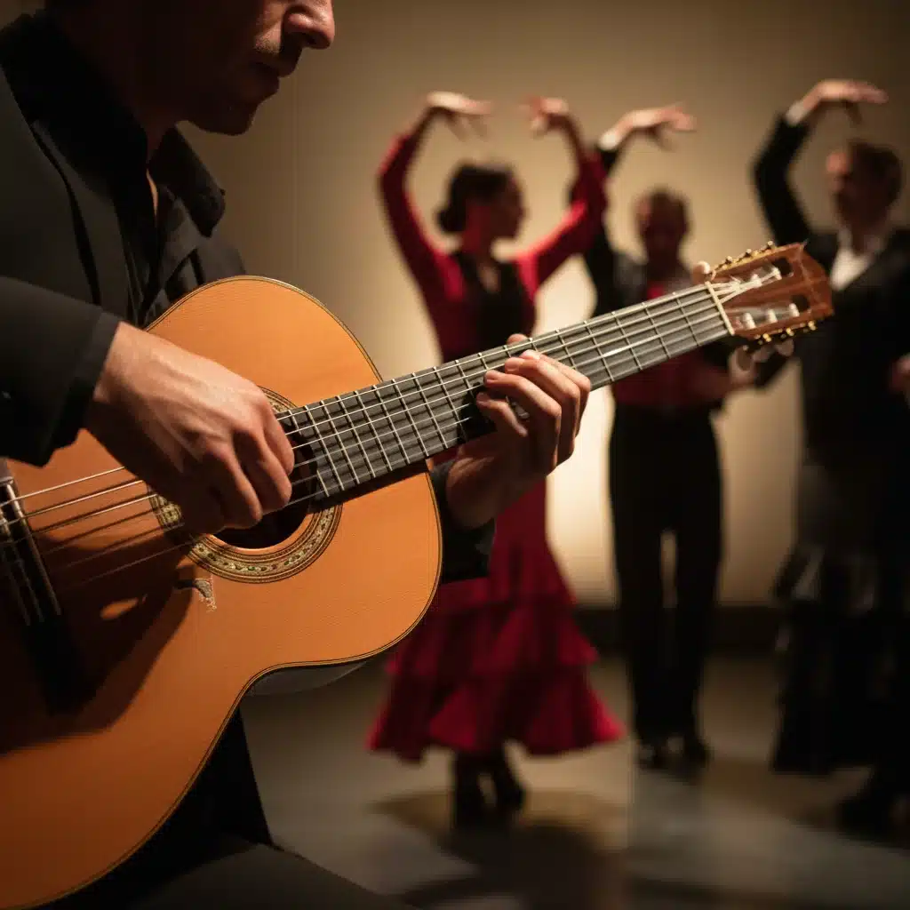 Manos de guitarrista flamenco tocando con pasión una guitarra española durante una actuación tradicional.