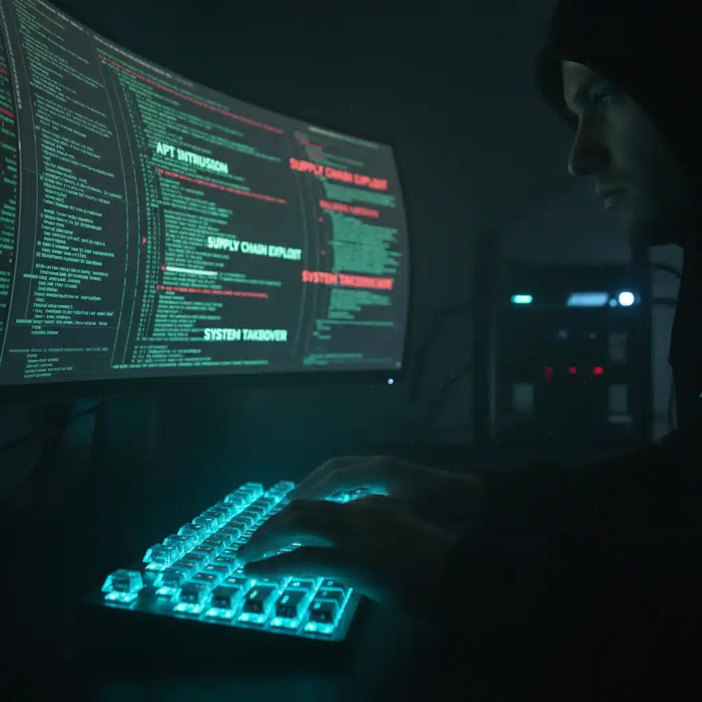 Manos de hacker escribiendo código malicioso en un teclado brillante, simbolizando ataques avanzados