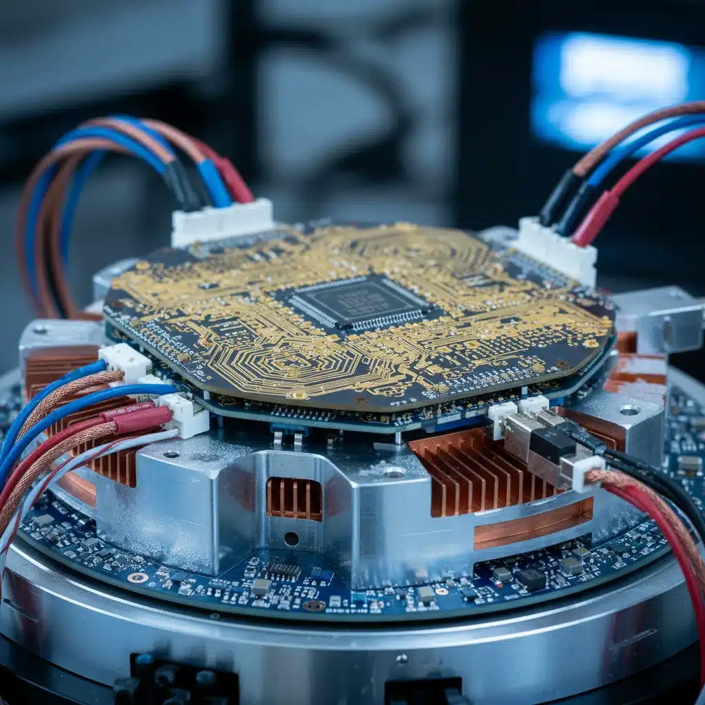 Detalle de un procesador cuántico con circuitos superconductores y elementos de refrigeración.