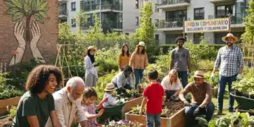 Vecinos de todas las edades colaborando en un huerto urbano, símbolo de las iniciativas vecinales en España.