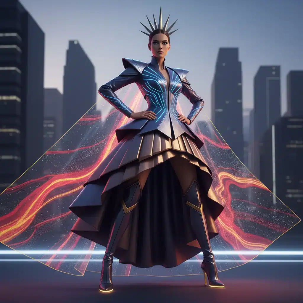 Ilustración conceptual de diseño de moda español futurista con líneas arquitectónicas y materiales innovadores